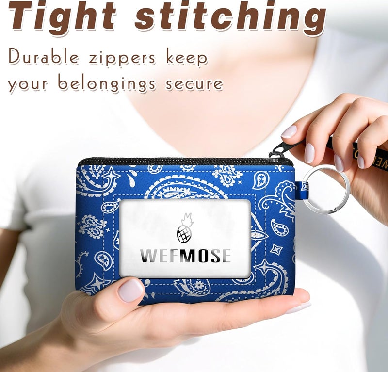 WEFMOSE Small Wallet Keychain with Clear ID Window Zipper Cute ID Case Coin Purse for Women Water Resistant Coin Pouch-Paisley Floral-Blue Keychain Wallet - Image 4